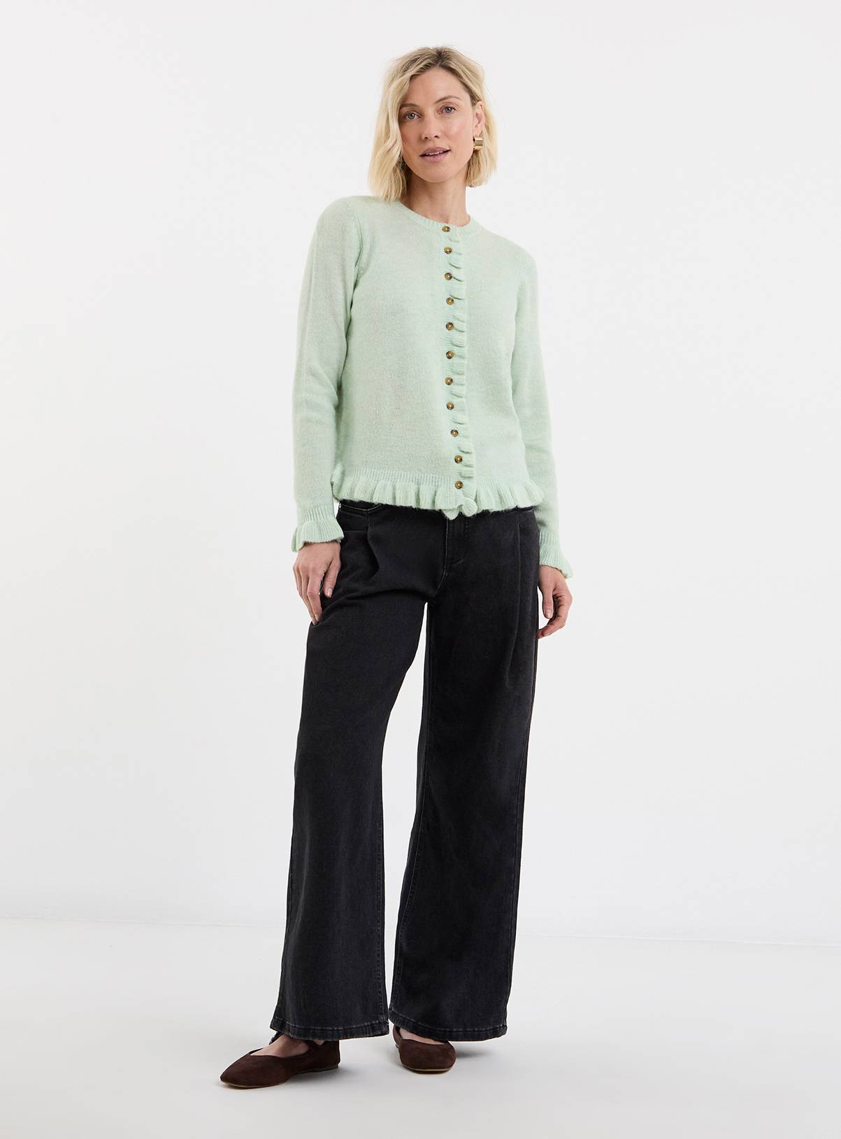 JD WILLIAMS Frill Knit Cardigan Light Green 32-34 - Image 3